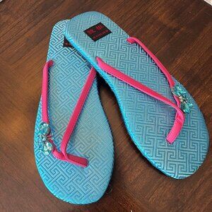 NWOT Chilis Butterfly Rhinestone Turquoise & Pink Flip Flops, Size 8